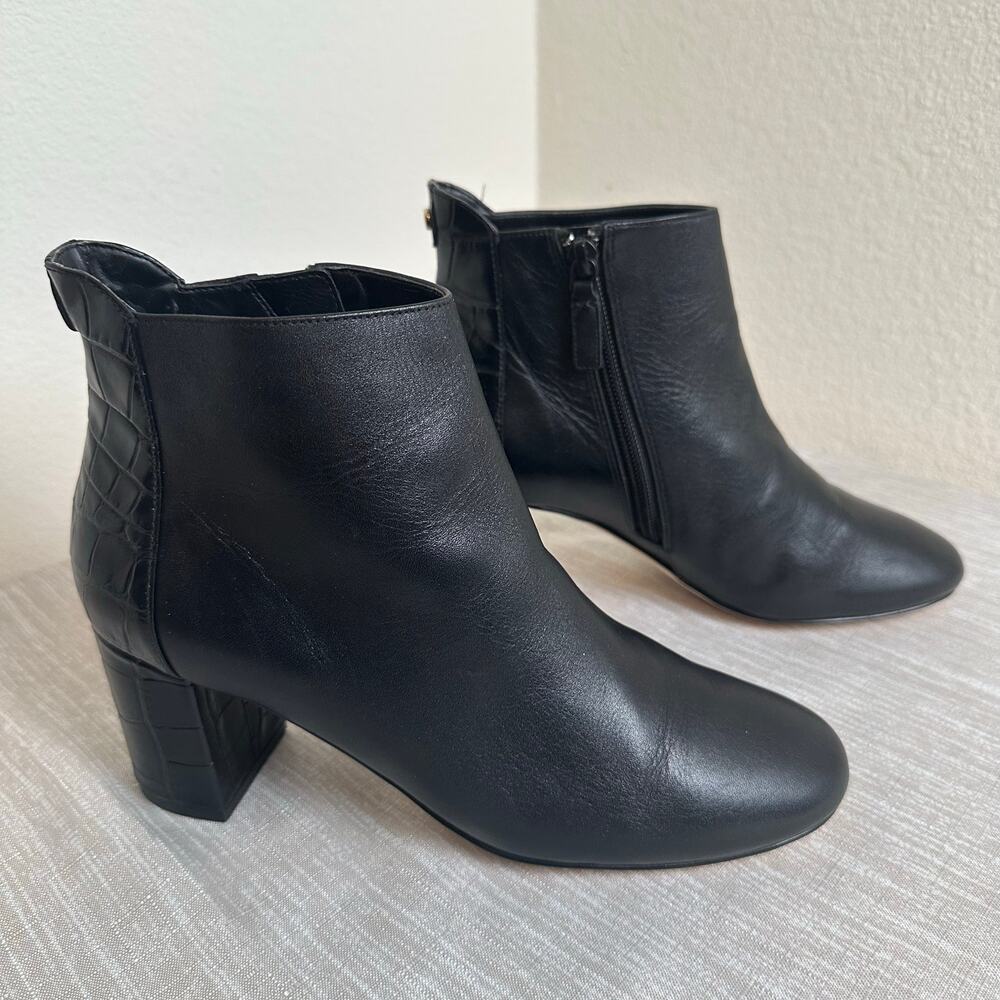 Cole Haan Grand.OS Black Leather Block Heel Booties Women 6BCroc Embossed Zip